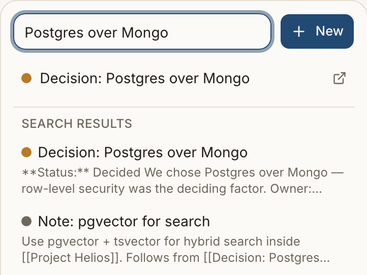 Memexa search results with document provenance